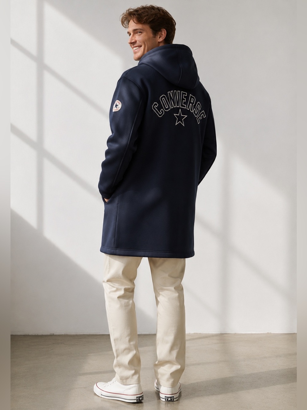 CONVERSE Men’s Wool Blend Hooded Varsity Jacket Navy Size M NEW